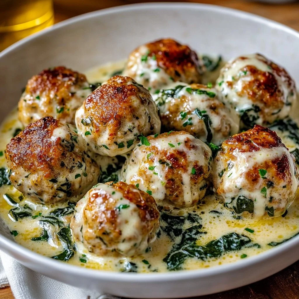 Baked Chicken Ricotta Meatballs with Spinach Alfredo Sauce Delight!