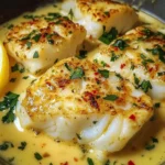 Baked cod fillet topped with coconut lemon cream sauce on a plate