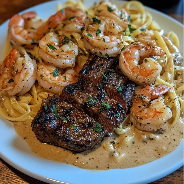 Plate of Blackened Steak Shrimp Alfredo showcasing juicy steak and shrimp in creamy sauce.