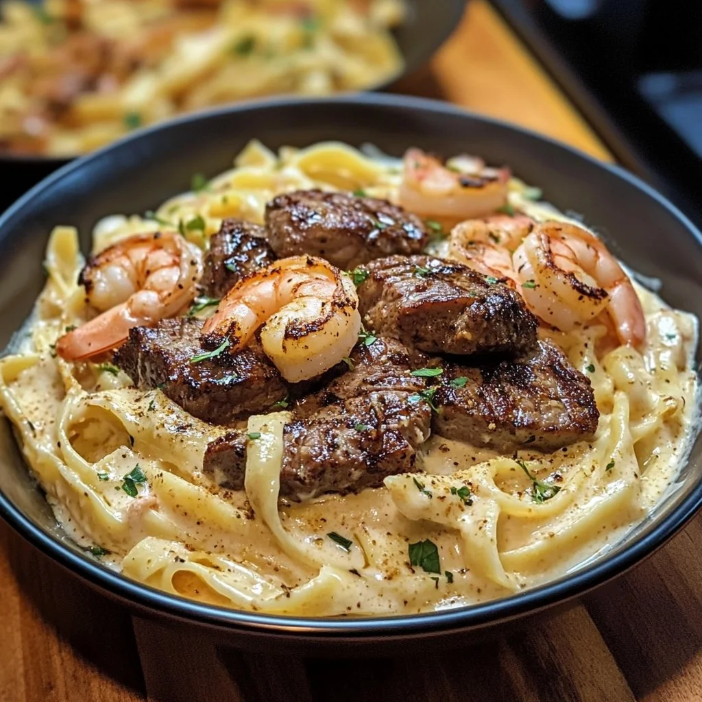 Blackened Steak Shrimp Alfredo