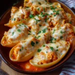 Delicious Buffalo Chicken Stuffed Shells topped with cheese and spicy sauce.