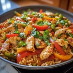 Delicious Chicken Fajita Rice with colorful vegetables in a one-pan meal