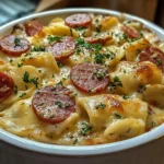 Classic Crockpot Pierogi Casserole with Kielbasa in a slow cooker dish