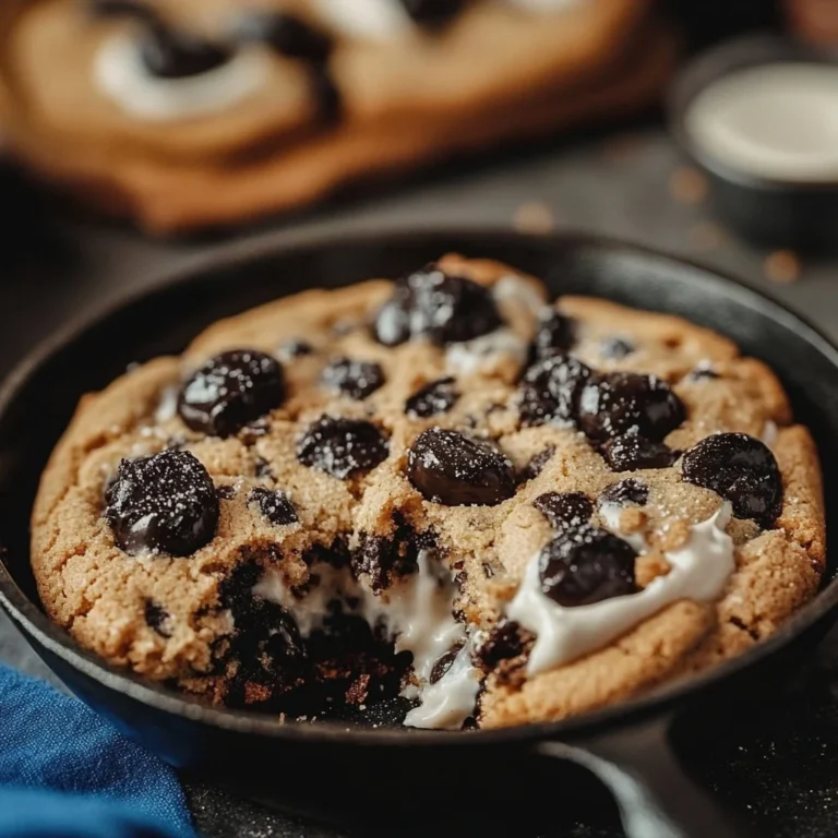 Delicious Cookies Cream Skillet Cookie served warm with chocolate chips