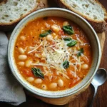 Bowl of creamy Parmesan tomato and cannellini bean soup garnished with herbs.