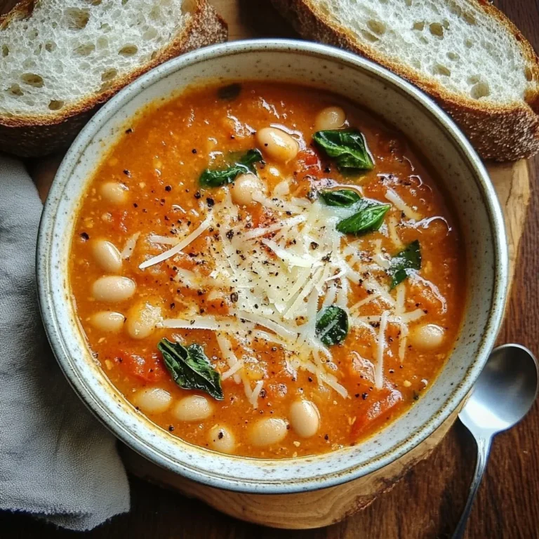 Bowl of creamy Parmesan tomato and cannellini bean soup garnished with herbs.