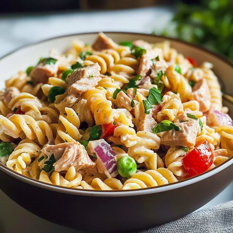 Delicious tuna pasta salad served in a bowl with fresh ingredients