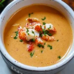 Bowl of elegant easy lobster bisque garnished with herbs.