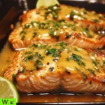 Delicious Honey-Lime Garlic Butter Baked Salmon on a plate garnished with herbs
