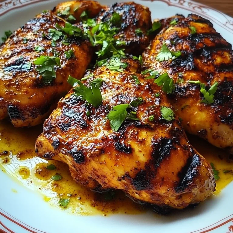Juicy spicy grilled Cuban chicken on a plate, garnished with herbs.