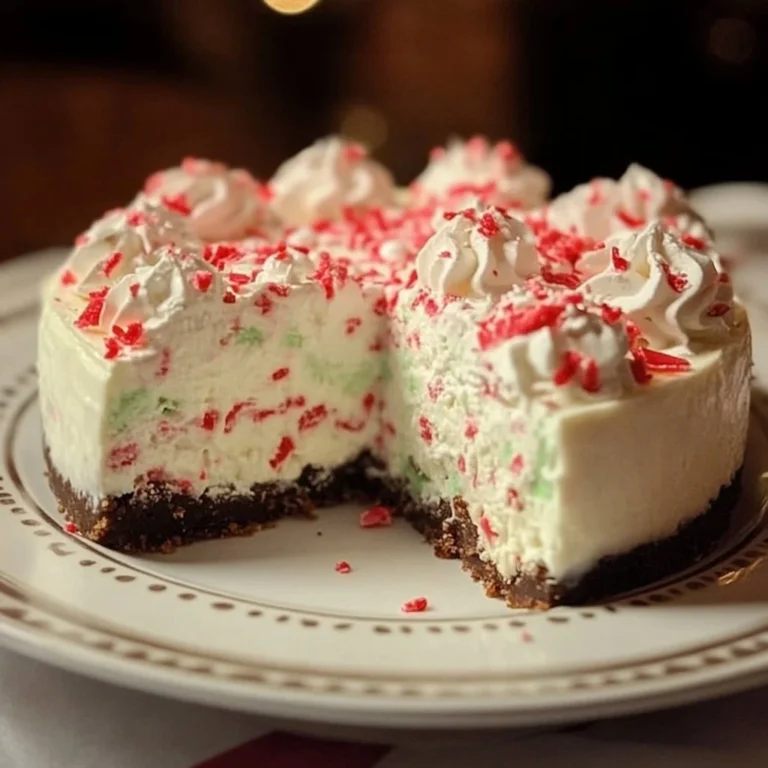 No-Bake Peppermint Cheesecake topped with crushed candy canes