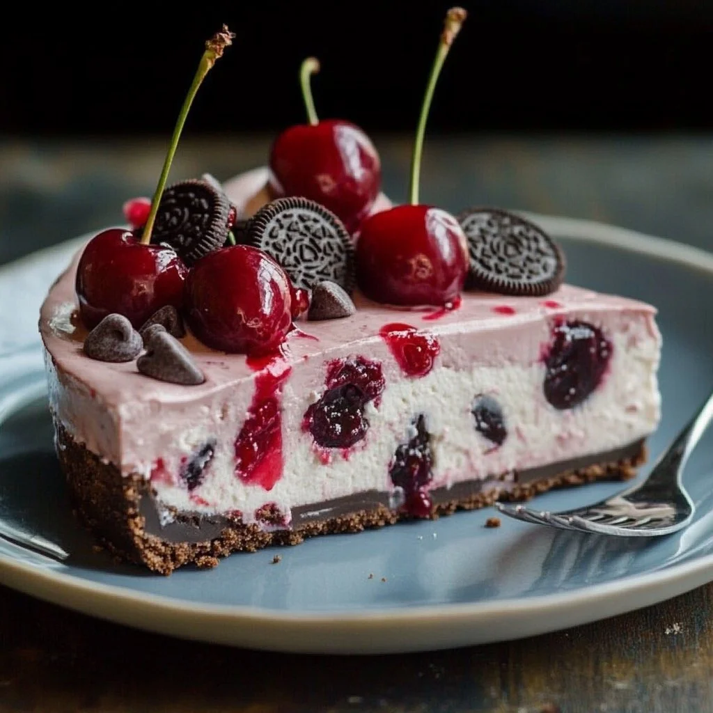 Oreo Cherry Chocolate Chip No Bake Cheesecake Recipe