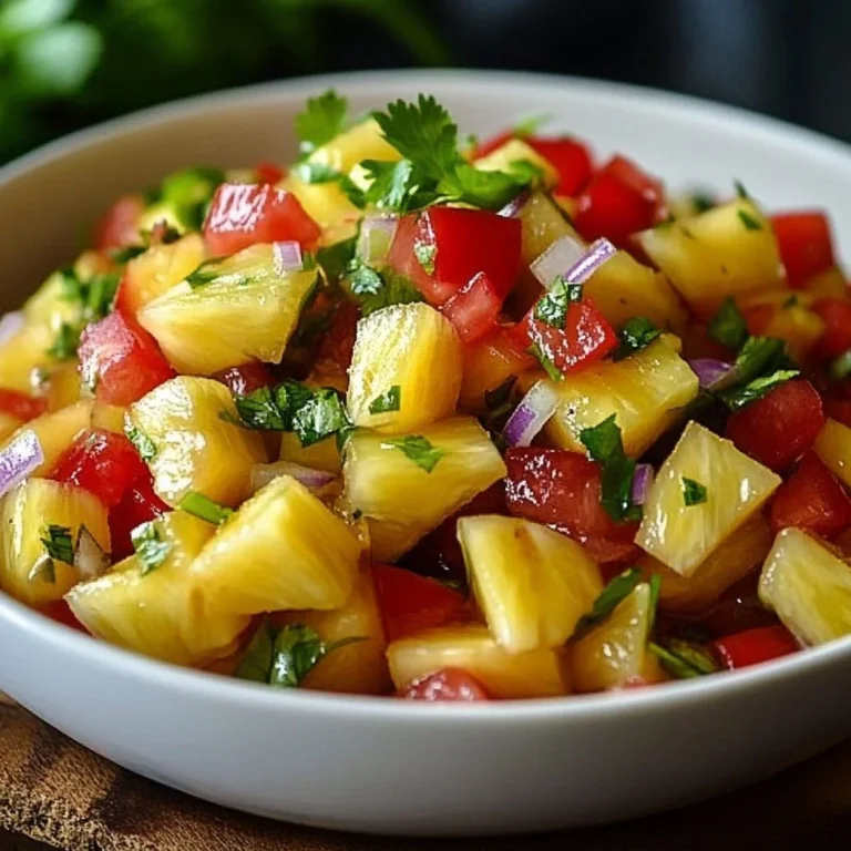 Bowl of fresh pineapple salsa with diced pineapple, onion, and cilantro.
