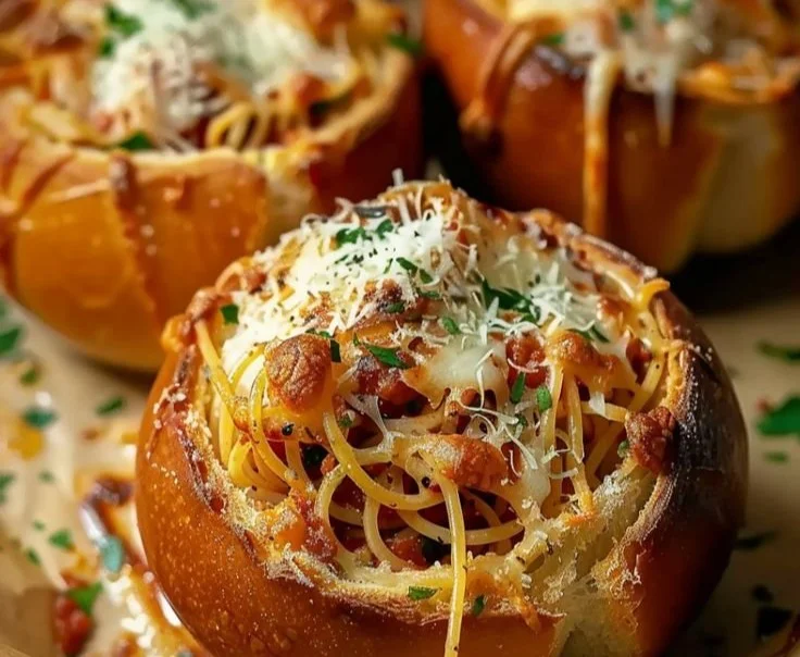 Spaghetti Garlic Bread Bowls