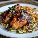 Sticky apple cider chicken with a side of crisp autumn slaw on a plate.