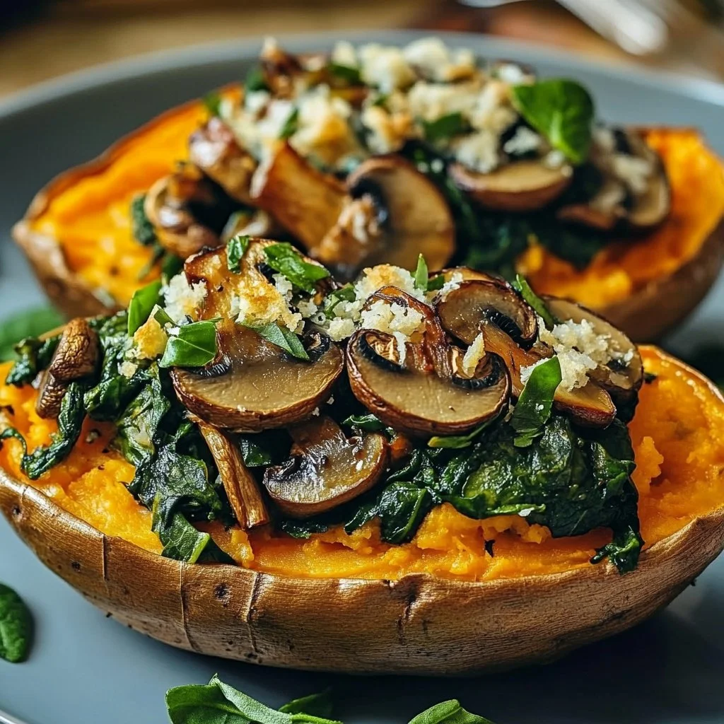Stuffed Sweet Potatoes with Mushrooms and Spinach