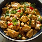 Plate of Thai Peanut Chicken garnished with peanuts and green onions