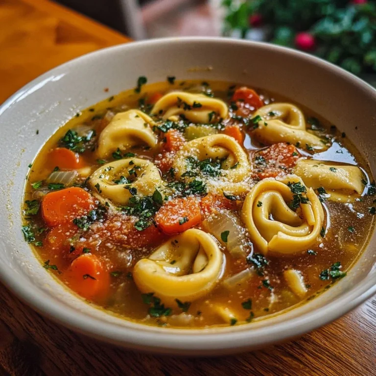 Bowl of hearty Tortellini Soup garnished with herbs and vegetables.
