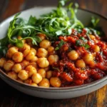 Bowl of vibrant spicy harissa chickpeas, a perfect superbowl snack