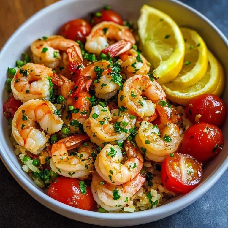 Vibrant Zesty Shrimp Scampi Nourish Bowl garnished with fresh herbs and lemon