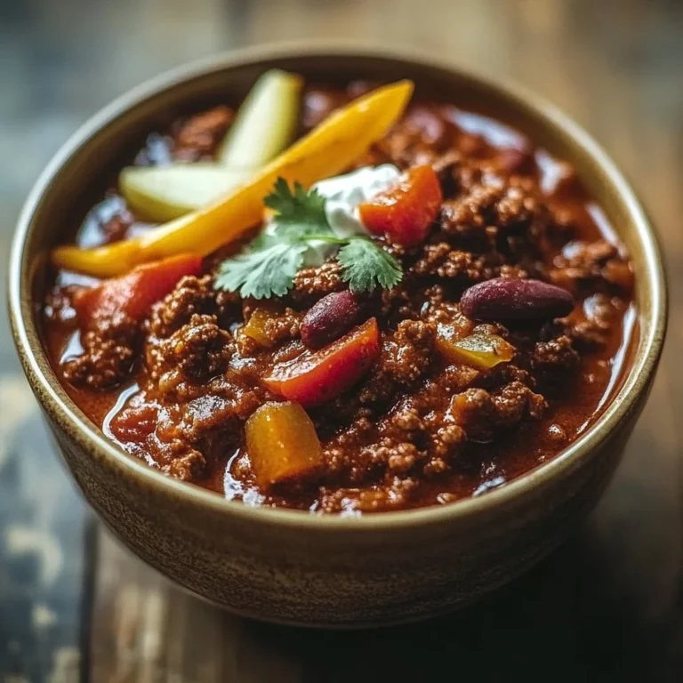 Bowl of hearty chilli with meat garnished with fresh herbs