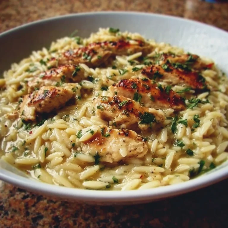 Creamy Chicken Orzo dish served in a bowl, garnished with herbs