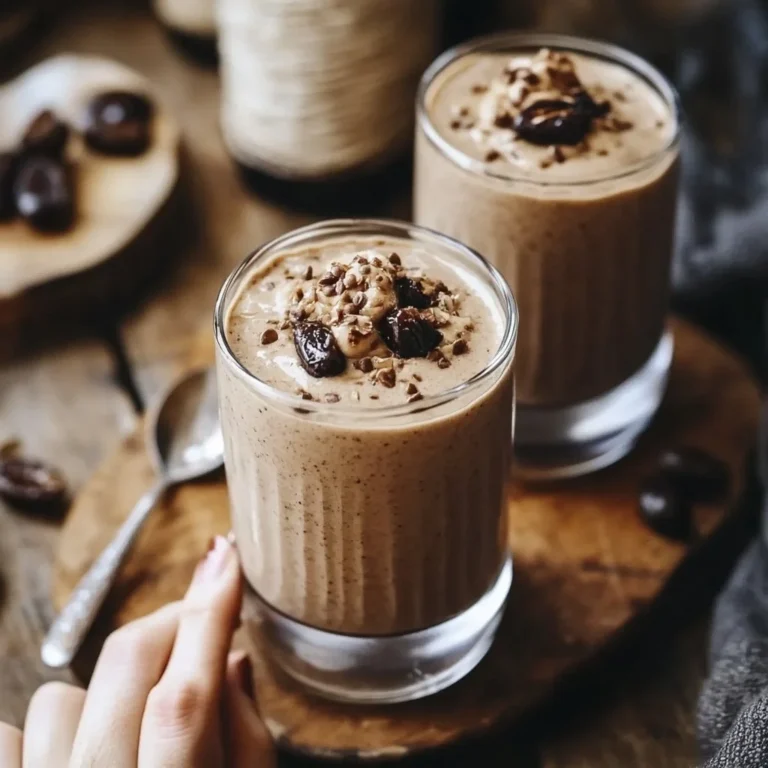 Creamy date coffee breakfast smoothie with ingredients and garnishments.