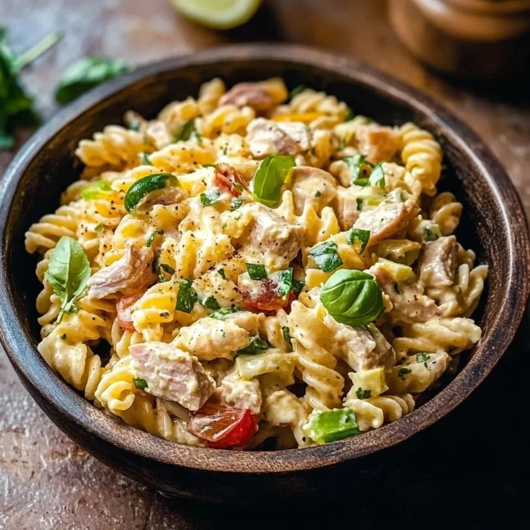 High protein tuna pasta salad with fresh ingredients in a bowl