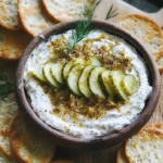 Delicious pickle dip served with crackers and veggies on a platter