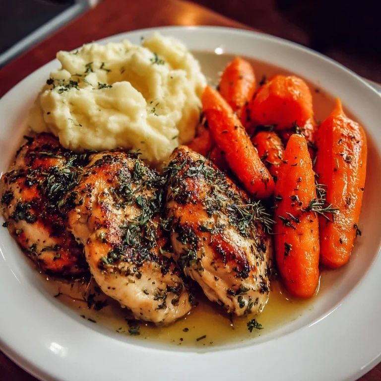 Delicious Garlic Herb Chicken served with mashed potatoes and glazed carrots