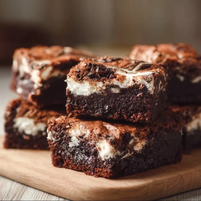 Marshmallow swirled brownies topped with melted chocolate and fluffy marshmallows.