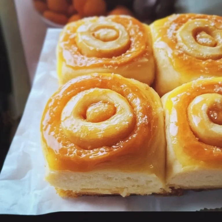 Freshly baked orange rolls topped with sweet icing, perfect for breakfast.