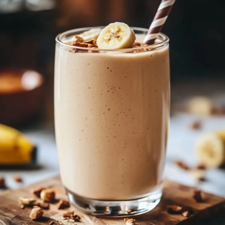 Peanut butter banana smoothie in a glass with a banana and peanut butter nearby