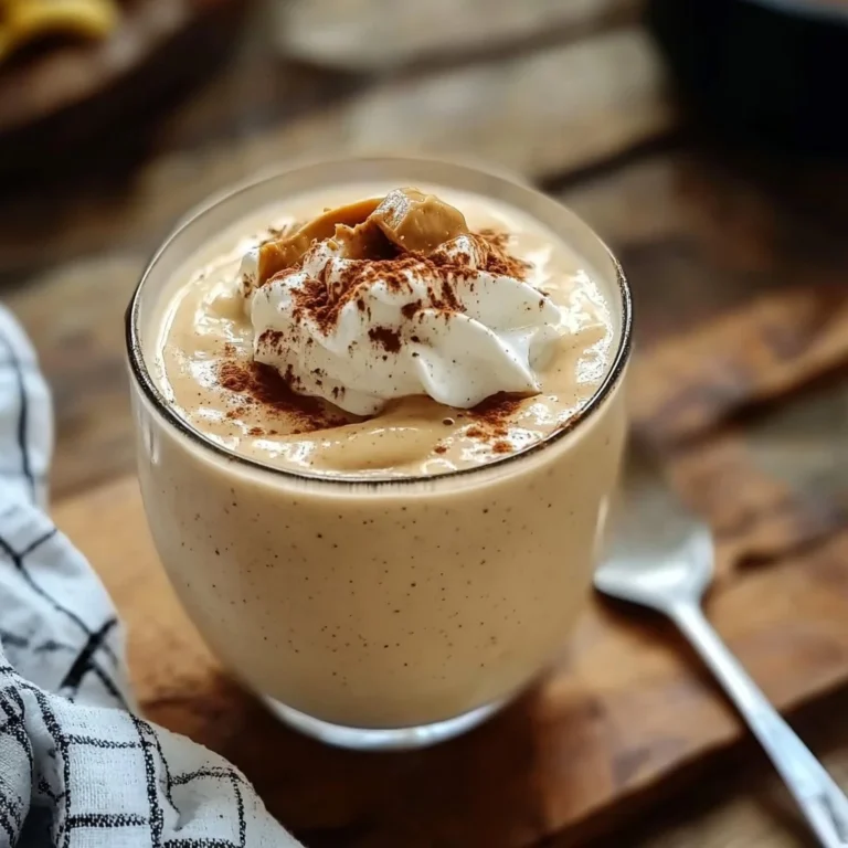 Banana smoothie with peanut butter powder and Greek yogurt in a glass