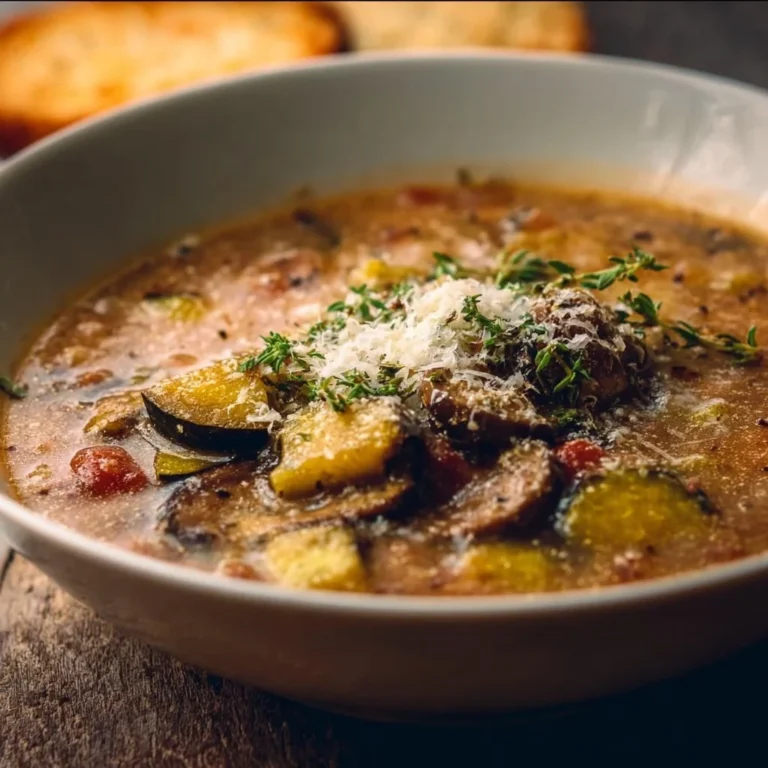 Bowl of vibrant Ratatouille Soup with fresh vegetables and herbs