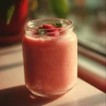 Healthy strawberry banana smoothie in a glass with fresh fruits