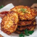 Crispy air fryer cauliflower rice hash browns served on a plate