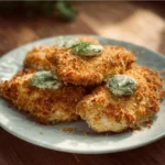 Crunchy Parmesan Chicken dish garnished with dill pickles