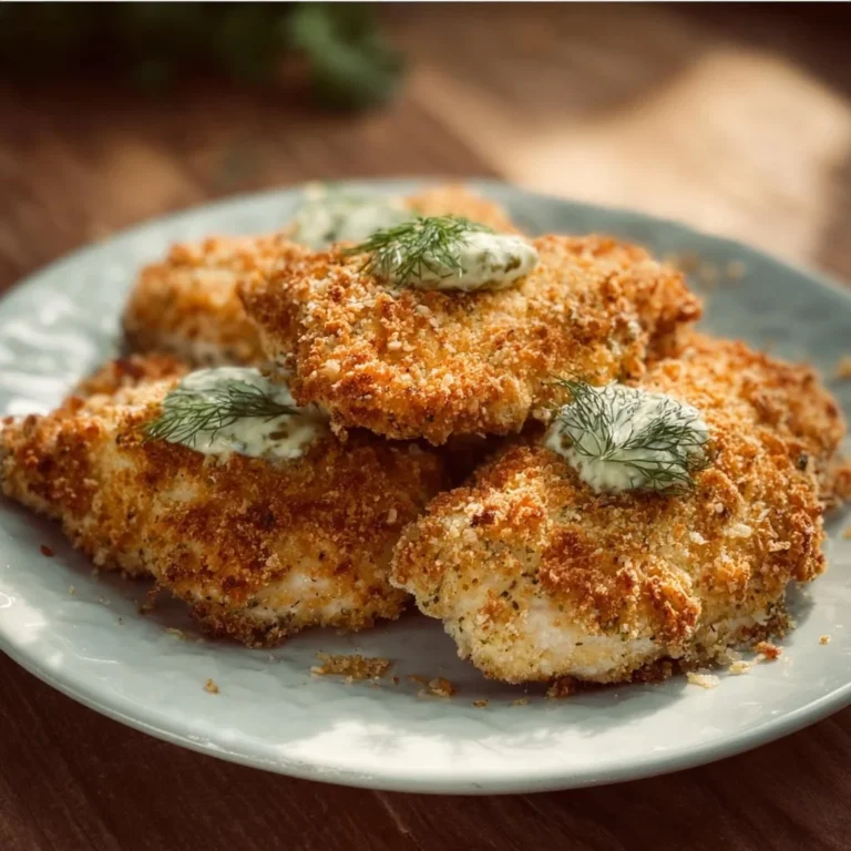 Crunchy Parmesan Chicken dish garnished with dill pickles