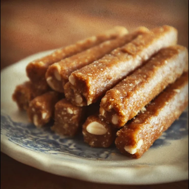 Homemade banana and peanut butter chew sticks on a wooden table