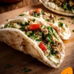 Mediterranean Ground Chicken Pitas garnished with fresh vegetables and herbs.