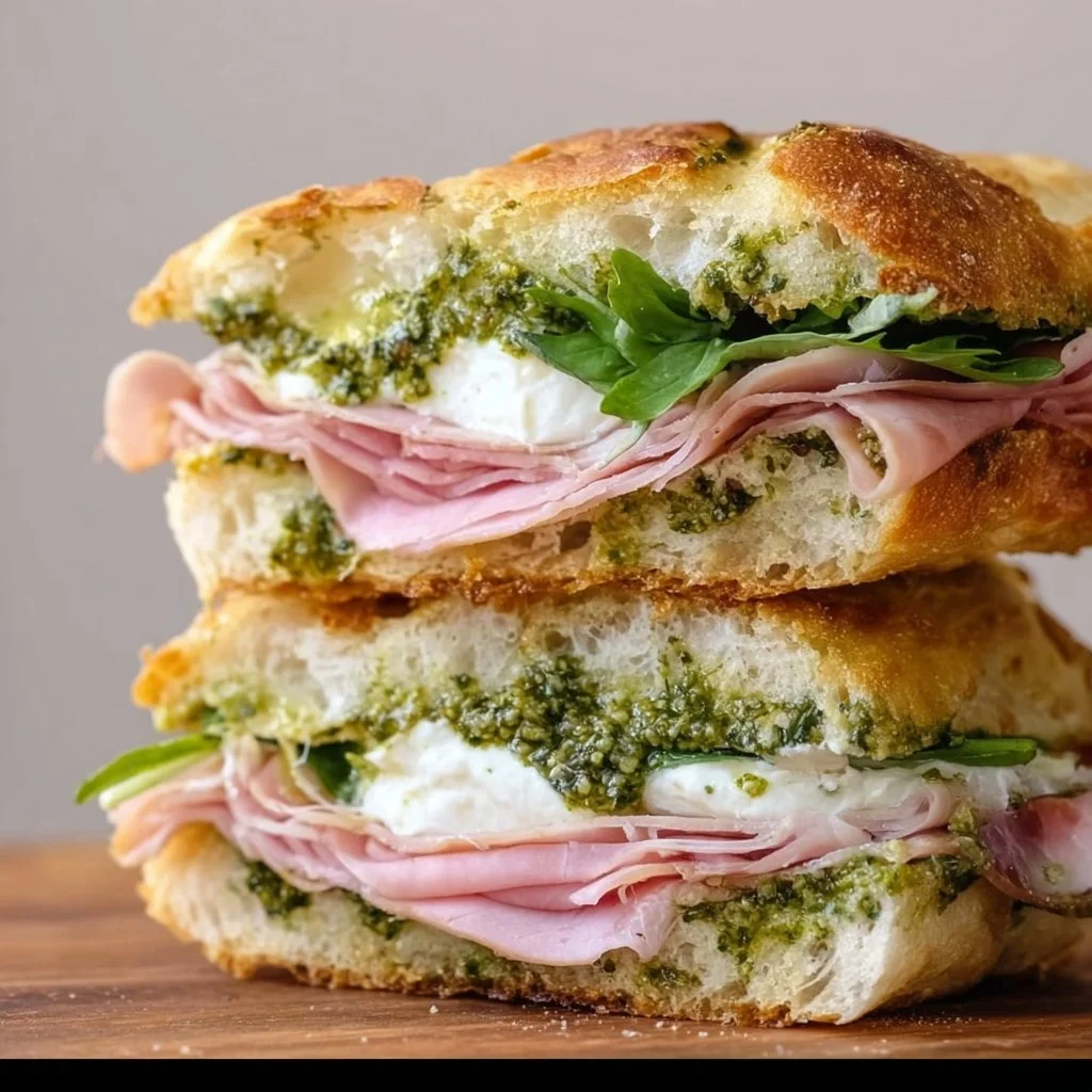 Mortadella, Pesto, Burrata Focaccia Sandwich with Garlic Confit Aioli