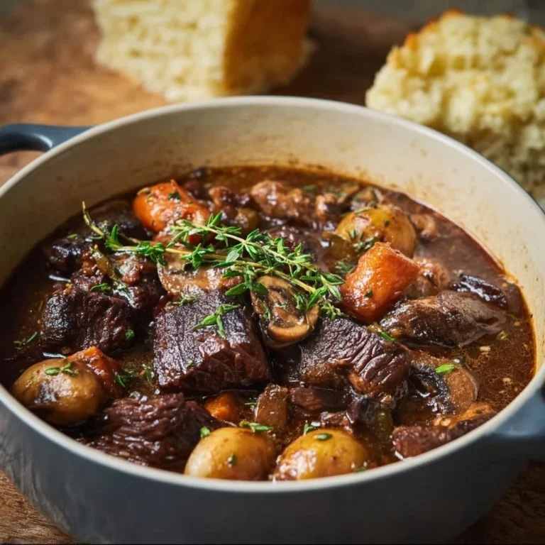 Slow Cooker Beef Bourguignon 4 A bowl of delicious Slow Cooker Beef Bourguignon with carrots and herbs